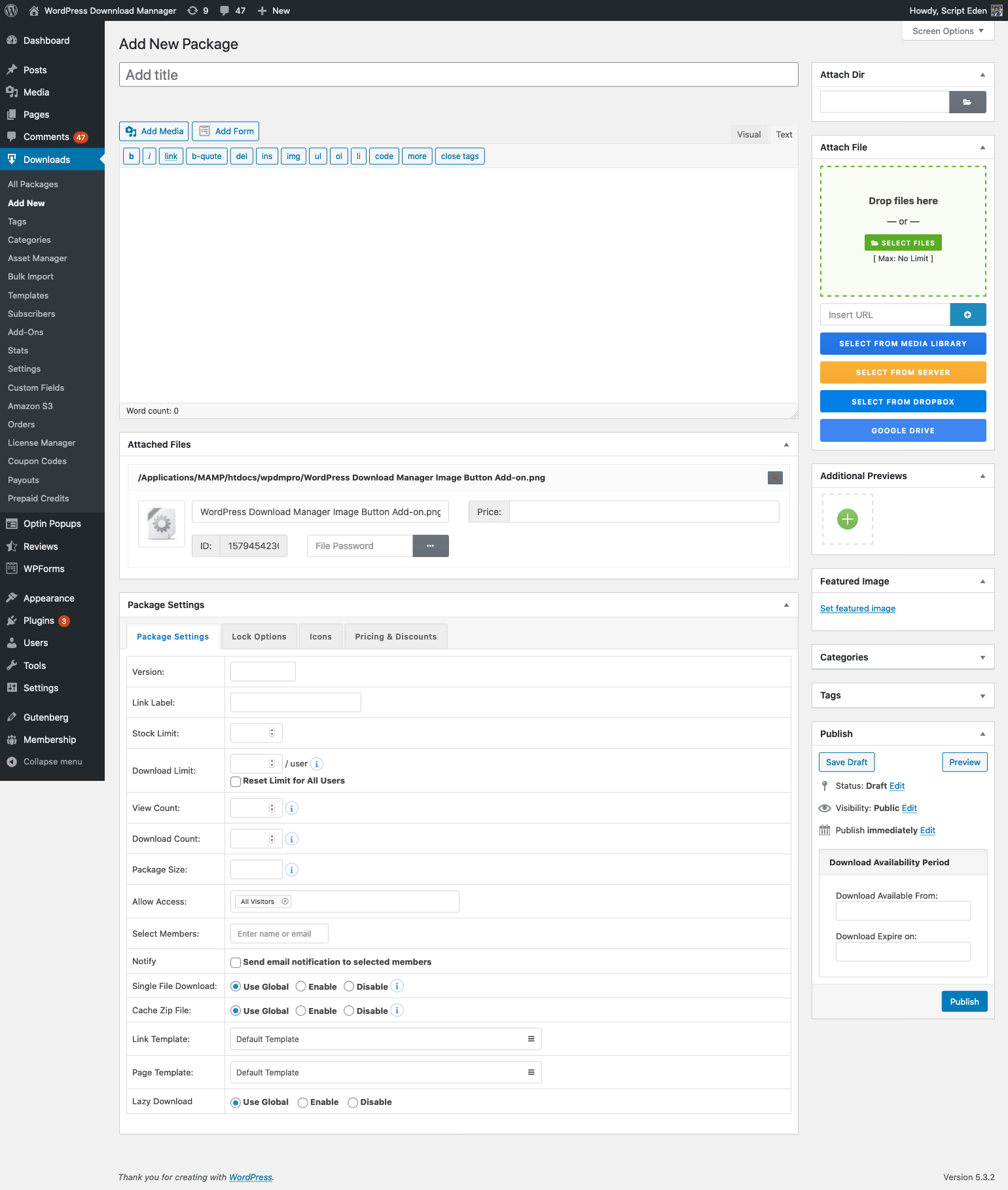 WordPress Download Manager - Add New Package