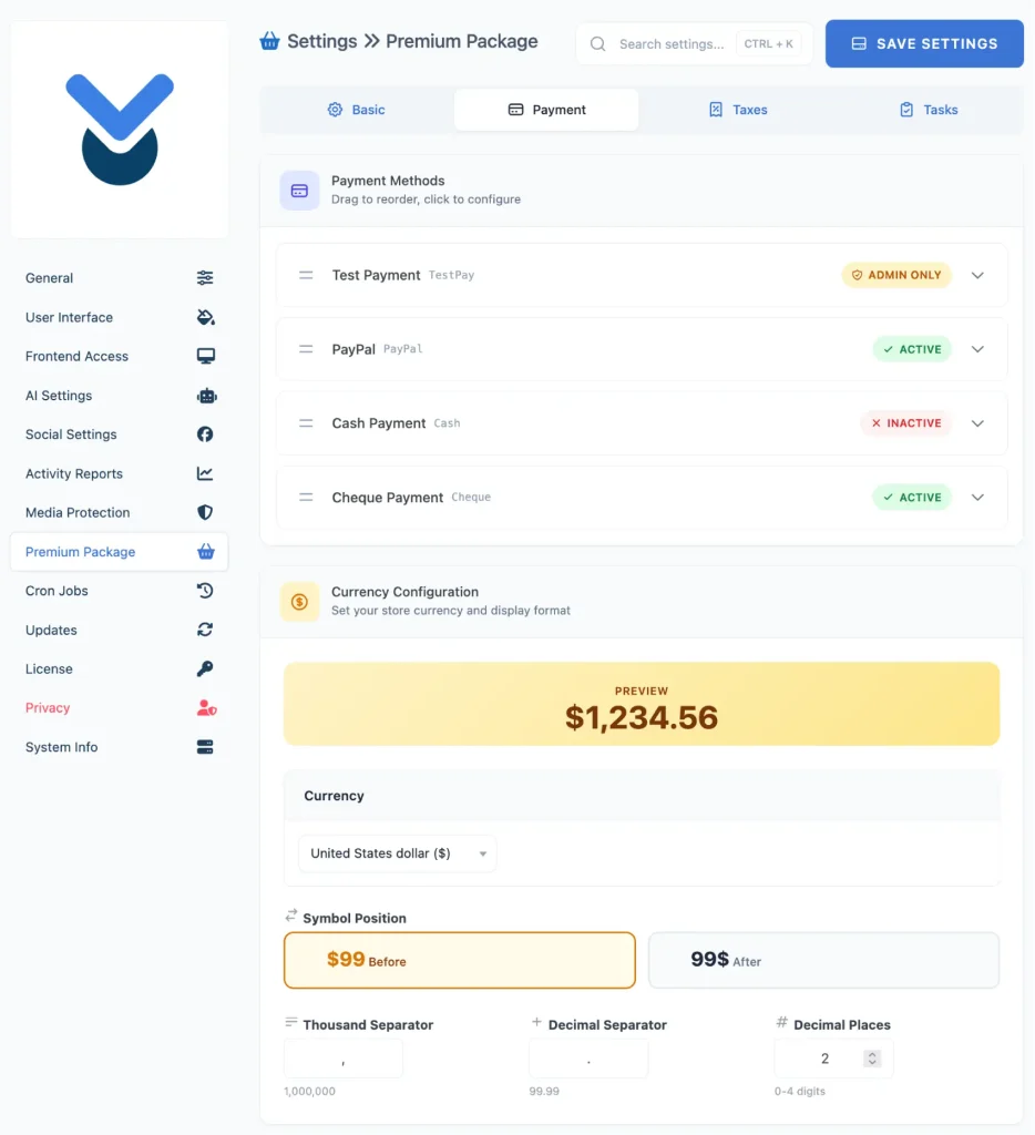 Premium Package Payment Settings