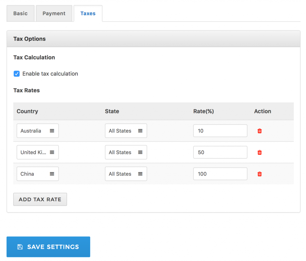 Premium Package Tax Settings