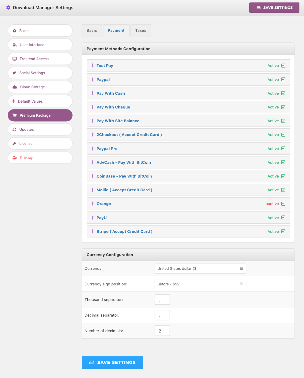 Premium Packages Payment Gateway Settings - WordPress Download Manager