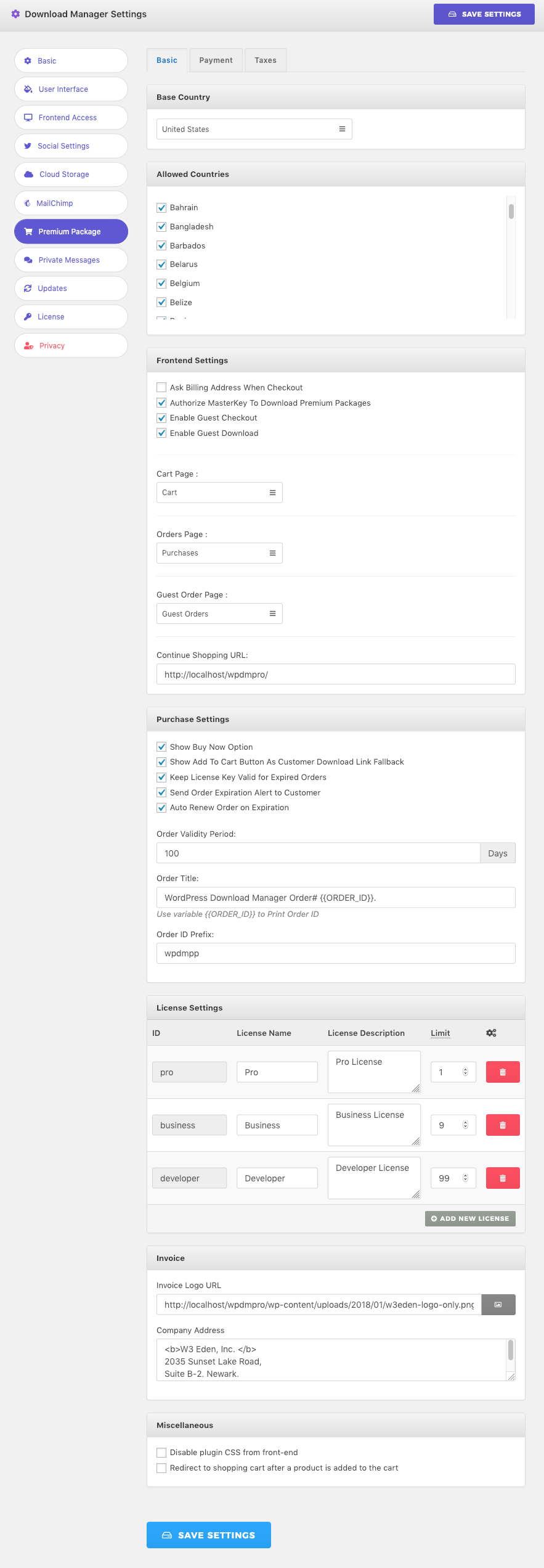 Premium Packages Settings - WordPress Download Manager