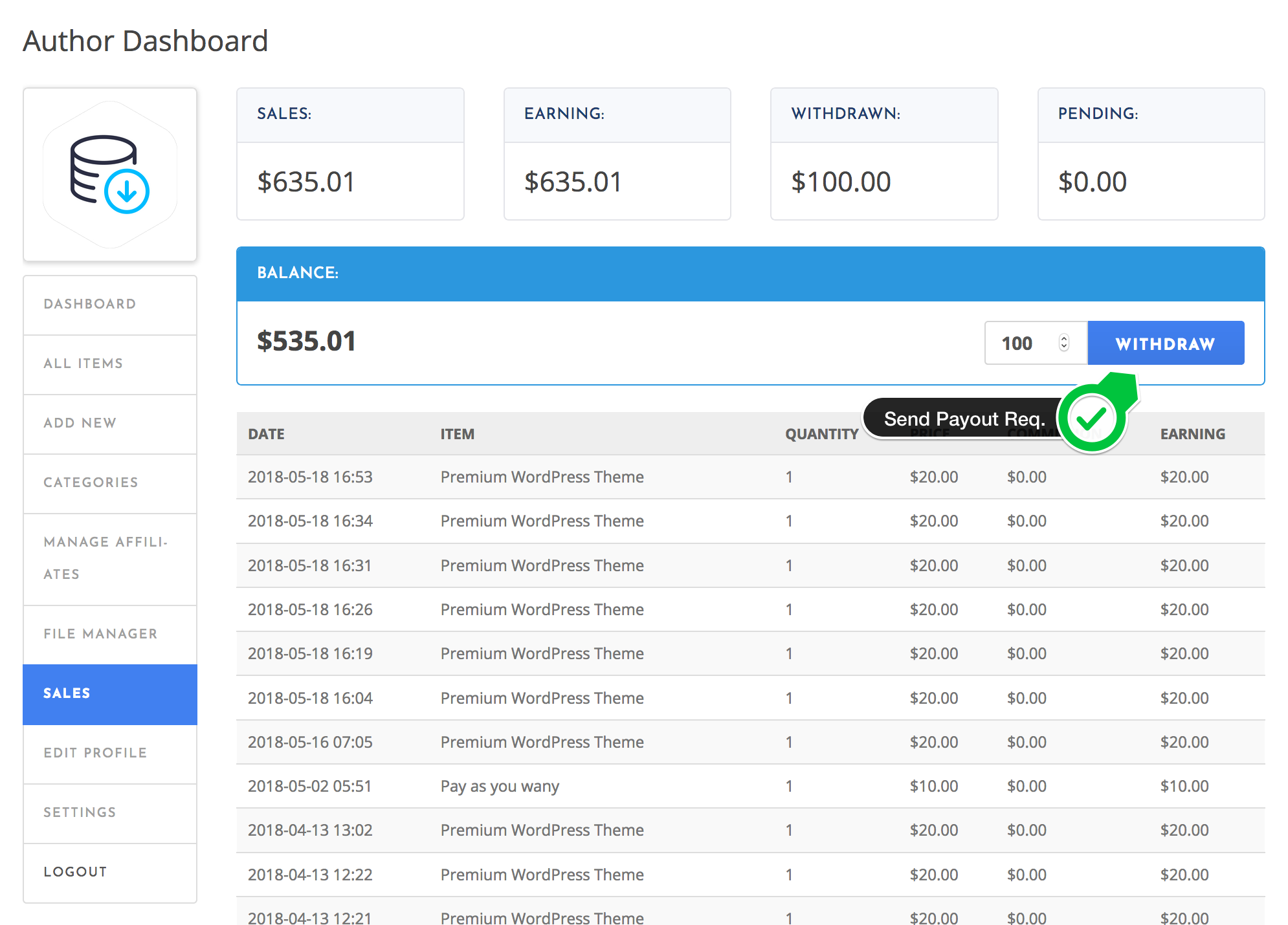 Send Payout Request - Author Dashboard - WordPress Download Manager