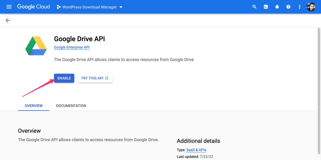 Enable Google Drive API – APIs & Services – Google Cloud console