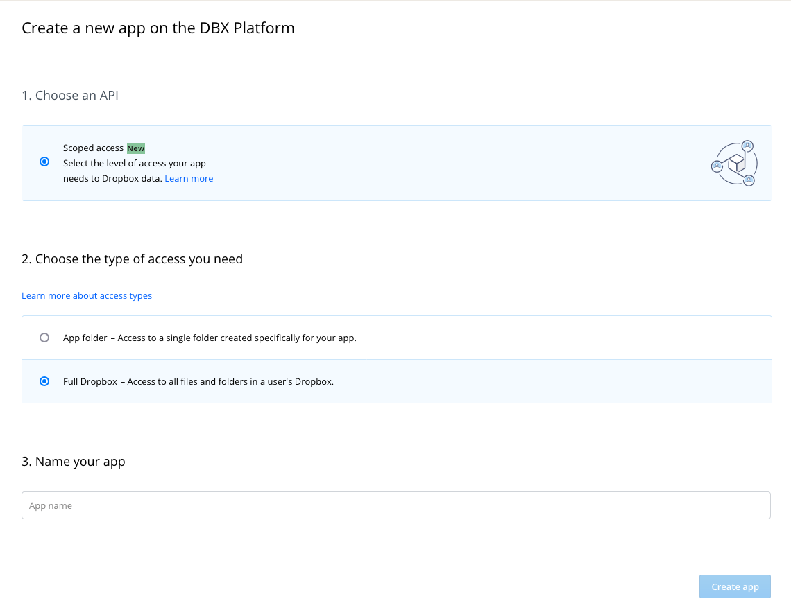 Create New Dropbox App
