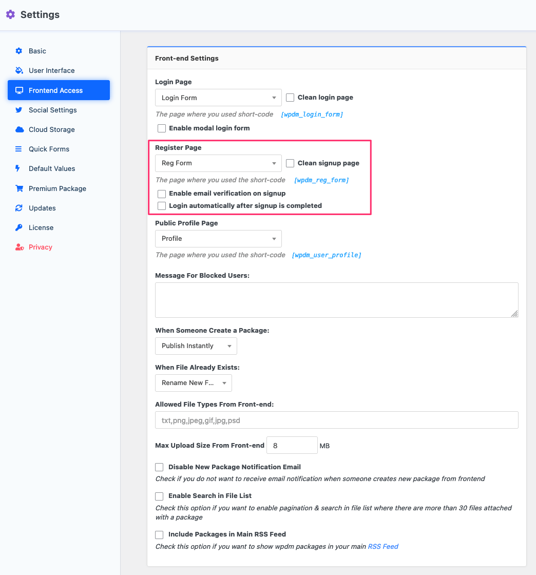 User Registration Settings - WordPress Download Manager