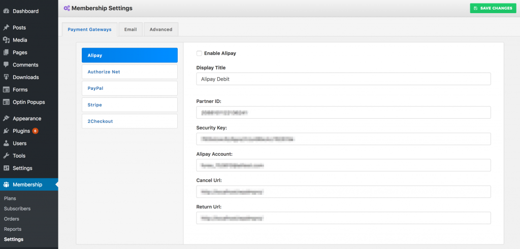 Membership Plugin - Payment Gateway Settings