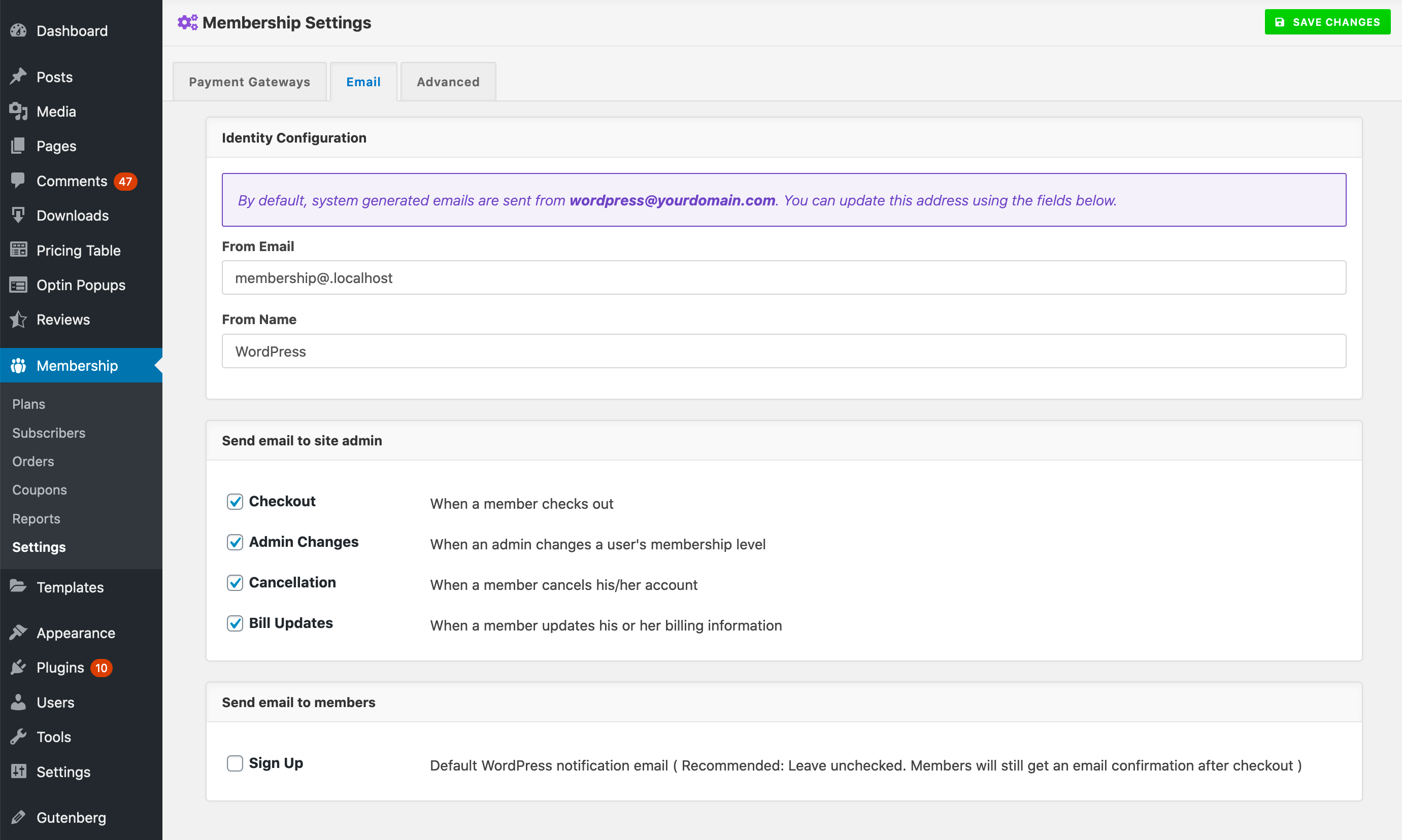 WordPress Membership Plugin - Admin Settings - Email