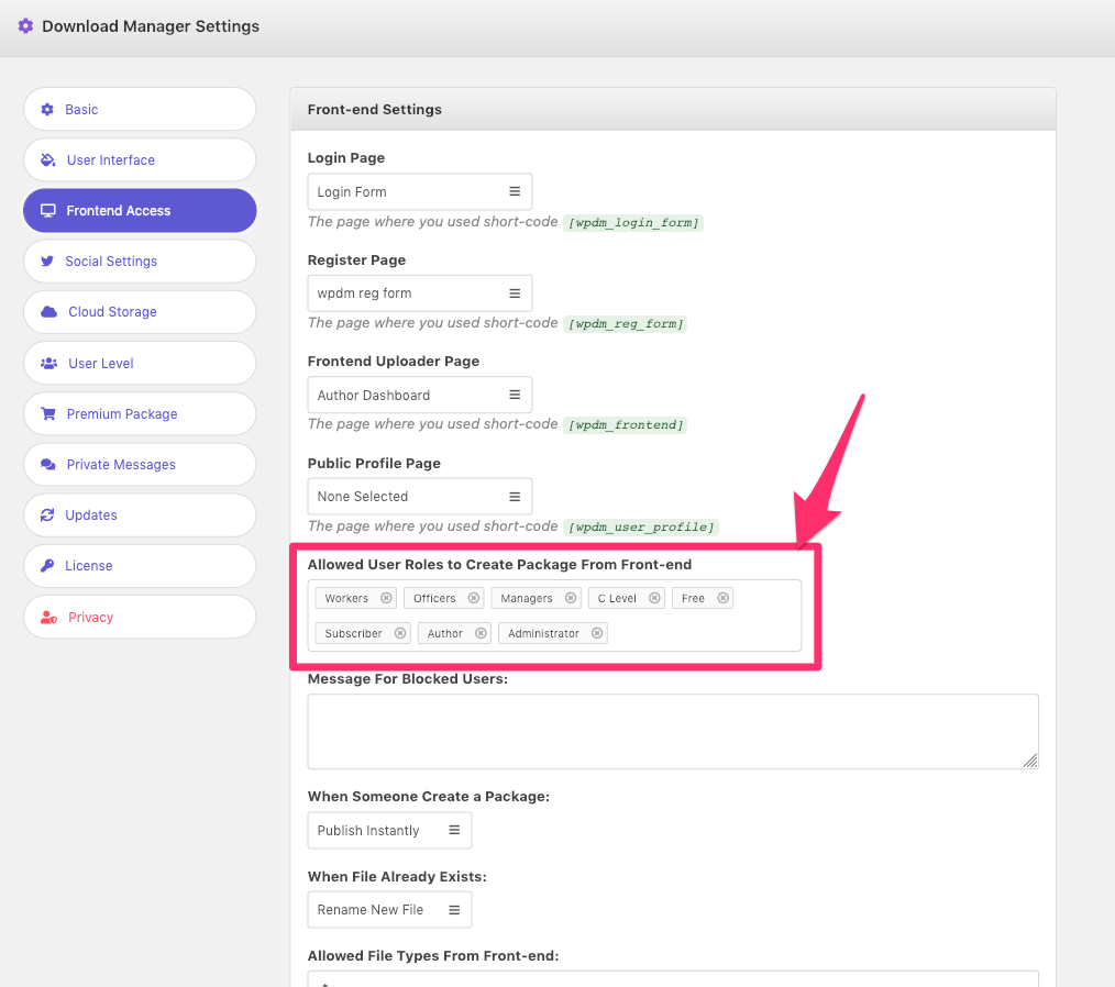 Allowed User Roles to Create Package From Frontend - WPDM.4.9