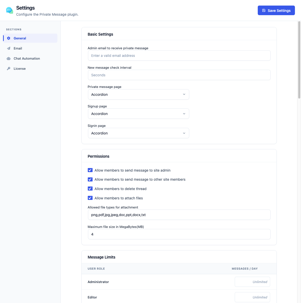 WordPress Private Message General Settings