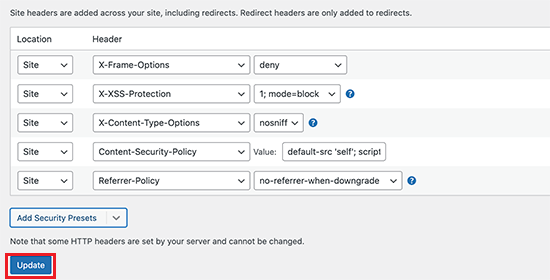 Adding HTTP security headers with Redirection