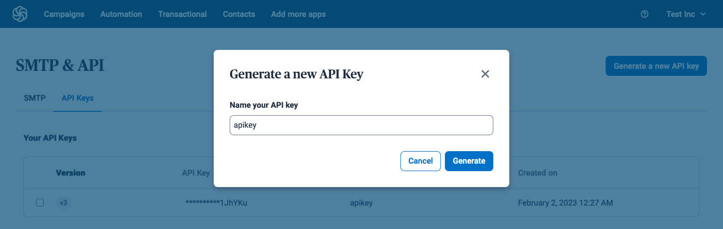 Create Sendinblue api key11