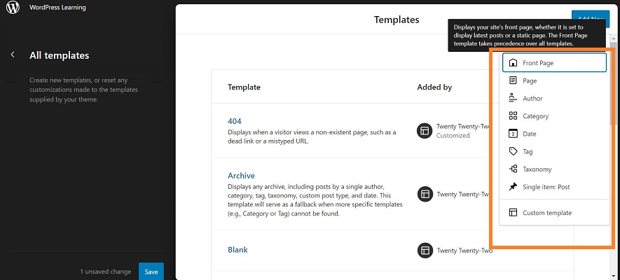 options for creating new WordPress block theme template