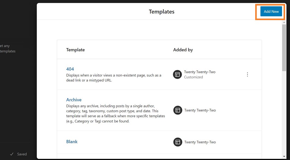 create new WordPress block theme template