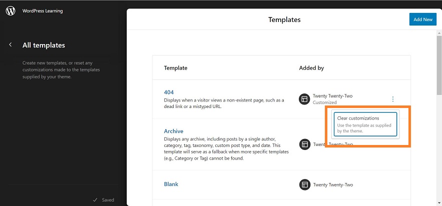 clear template customizations