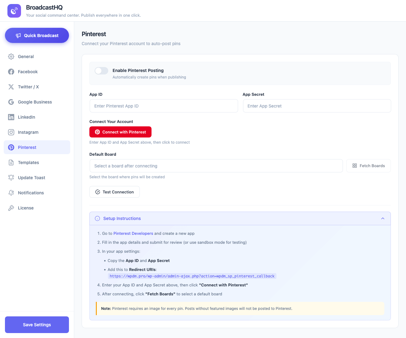 Broadcast HQ - Pinterest Settings