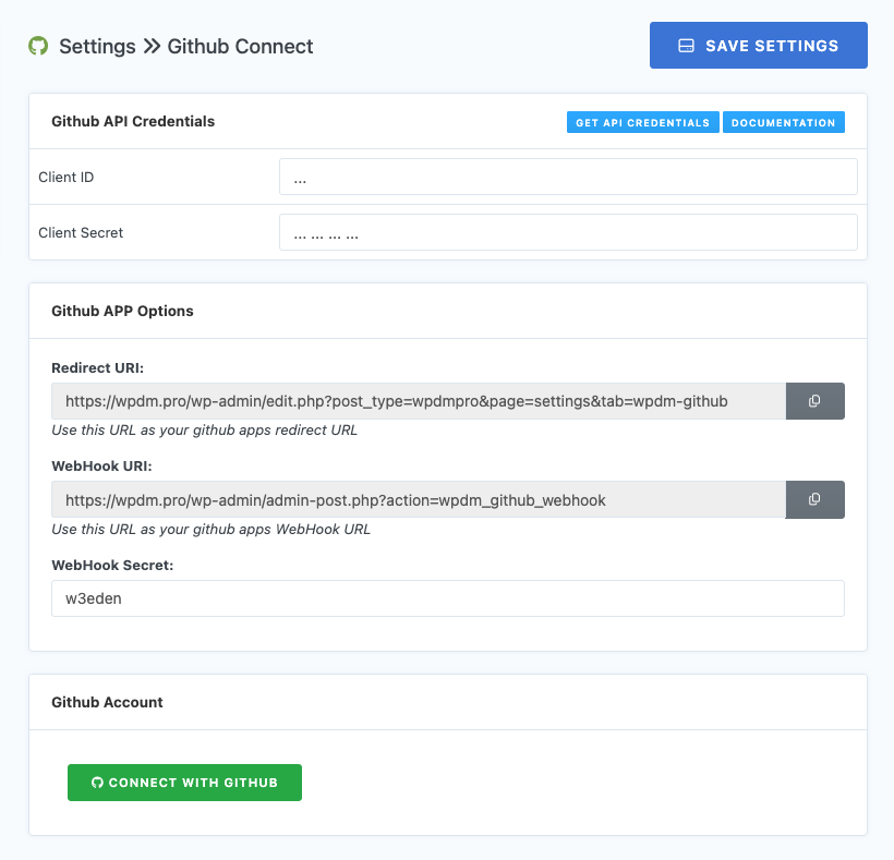 WordPress Github Integration Admin Settings