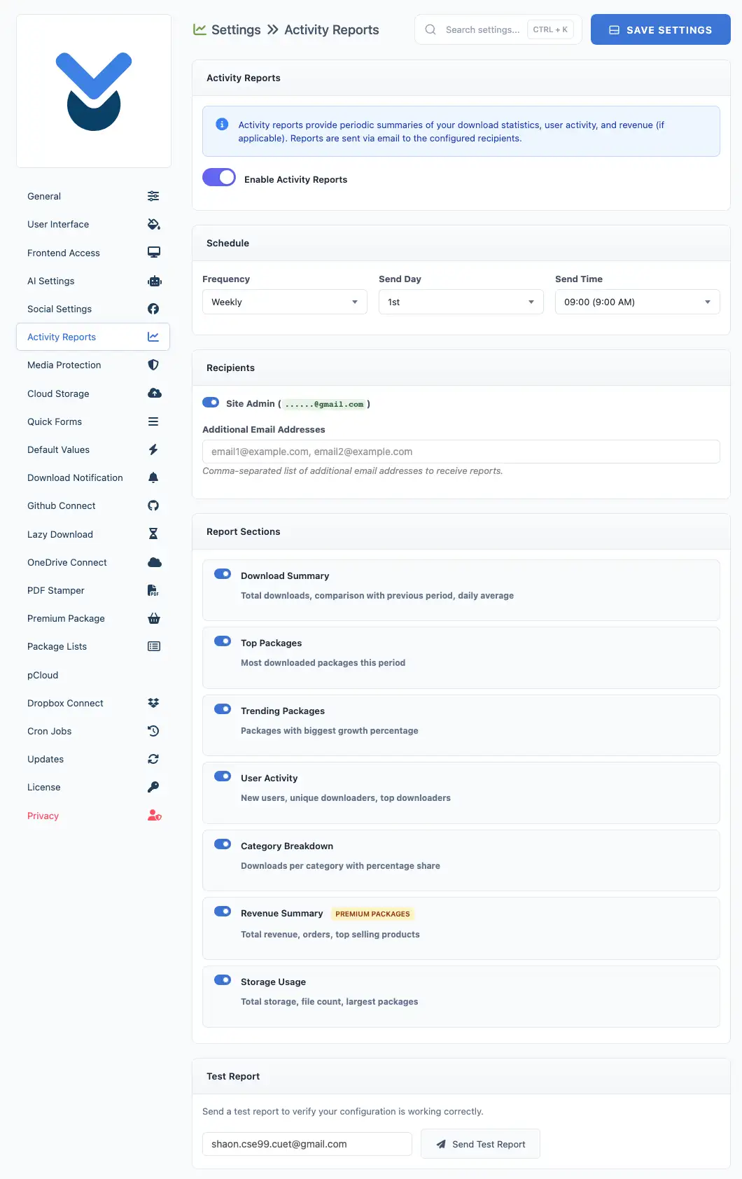 Introducing Activity Reports - Get Weekly Download Analytics Delivered to Your Inbox - Settings Page