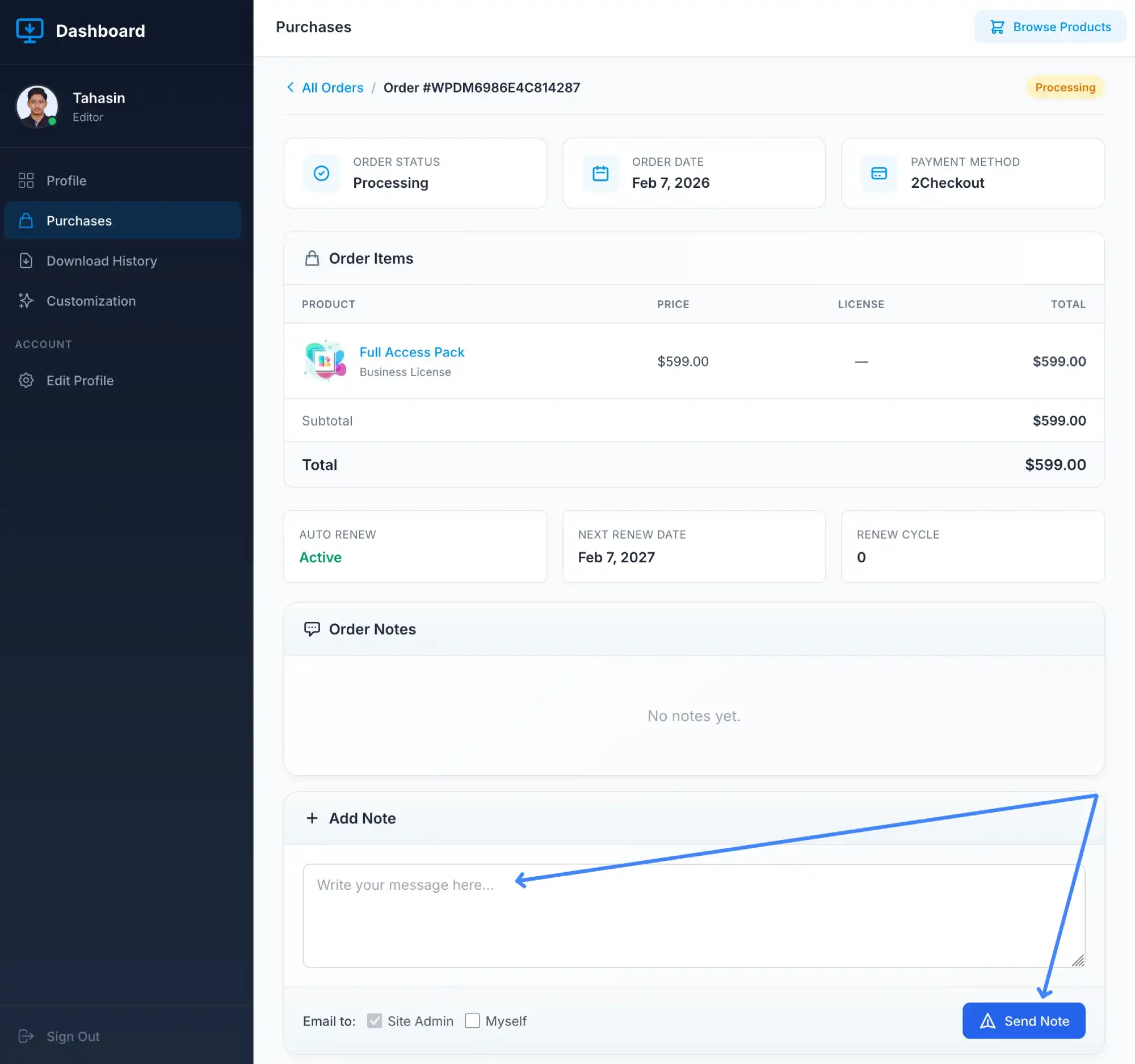 WordPress Download Manager Pro - Order Note