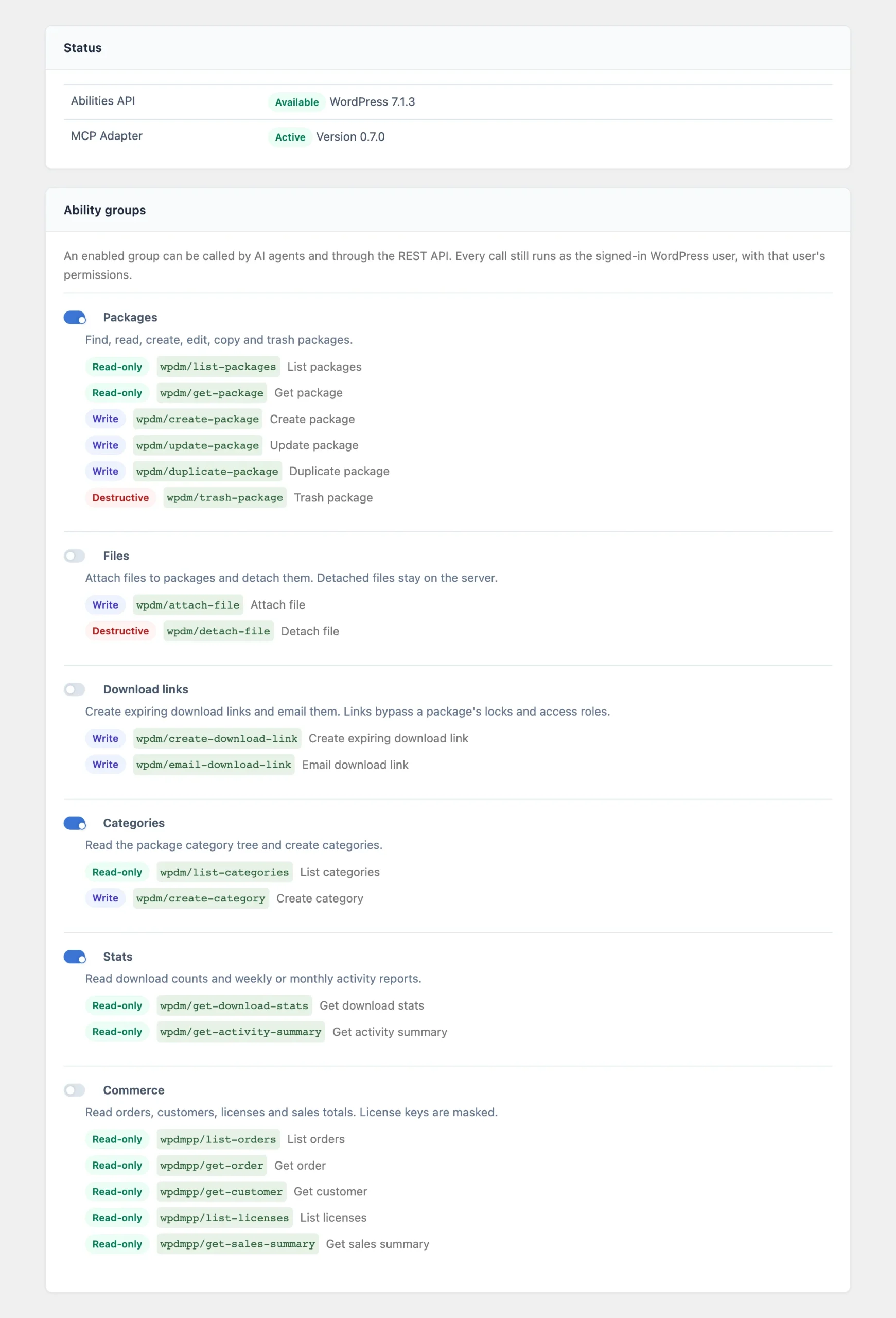 Download Manager AI Abilities settings showing the Abilities API and MCP Adapter status and the Packages, Files, Download links, Categories, Stats and Commerce ability groups