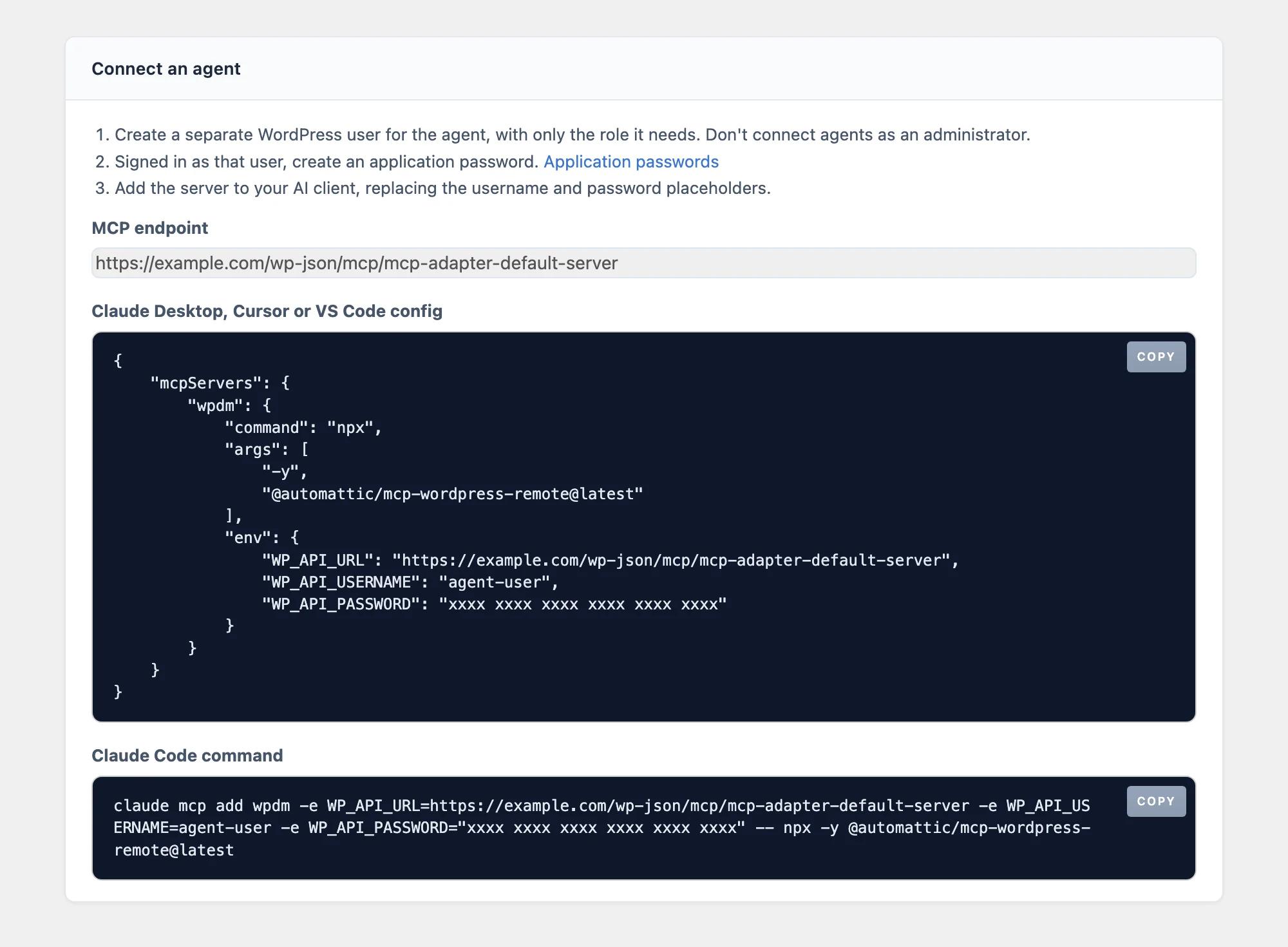 Connect an agent panel in Download Manager with the MCP endpoint, the Claude Desktop, Cursor and VS Code config, and the Claude Code command